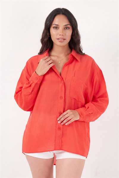 Modal Oversize Fit Uzun Kollu Kadın Gömlek 6834612 KIRMIZI