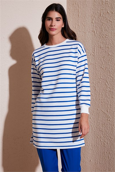Modest Çizgili Pamuklu Regular Fit Bisiklet Yaka Kadın Tunik 5865784 SAKS