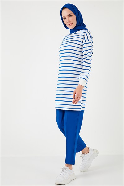 Modest Çizgili Pamuklu Regular Fit Bisiklet Yaka Kadın Tunik 5865784 SAKS