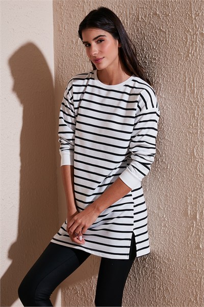 Modest Çizgili Pamuklu Regular Fit Bisiklet Yaka Kadın Tunik 5865784 BEYAZ