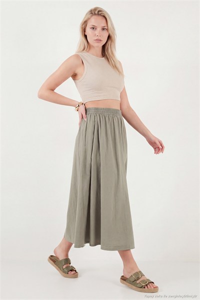 Modest Pamuklu Relaxed Fit Lastikli Bel Tesettür Midi Kadın Etek 668YE4449 AÇIK HAKİ
