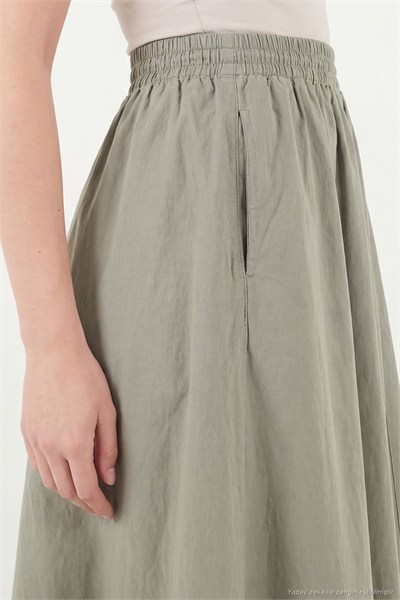 Modest Pamuklu Relaxed Fit Lastikli Bel Tesettür Midi Kadın Etek 668YE4449 AÇIK HAKİ