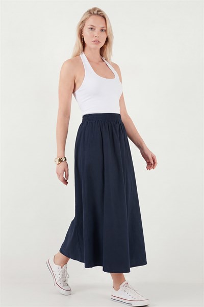 Modest Pamuklu Relaxed Fit Lastikli Bel Tesettür Midi Kadın Etek 668YE4449 LACİVERT