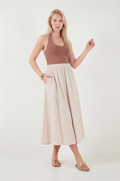 Modest Pamuklu Relaxed Fit Lastikli Bel Tesettür Midi Kadın Etek 668YE4449 TAŞ