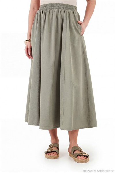 Modest Pamuklu Relaxed Fit Lastikli Bel Tesettür Midi Kadın Etek 668YE4449 AÇIK HAKİ