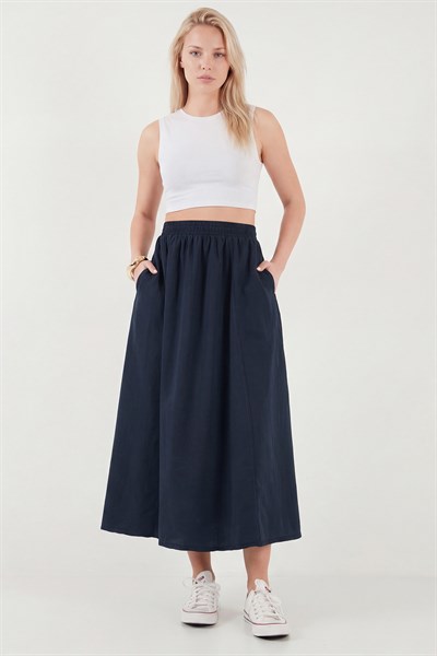 Modest Pamuklu Relaxed Fit Lastikli Bel Tesettür Midi Kadın Etek 668YE4449 LACİVERT
