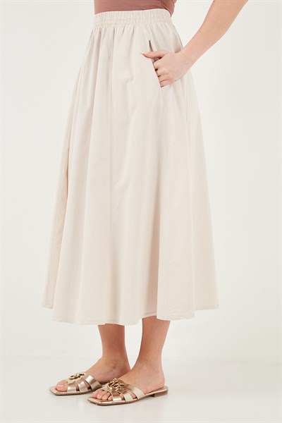 Modest Pamuklu Relaxed Fit Lastikli Bel Tesettür Midi Kadın Etek 668YE4449 TAŞ
