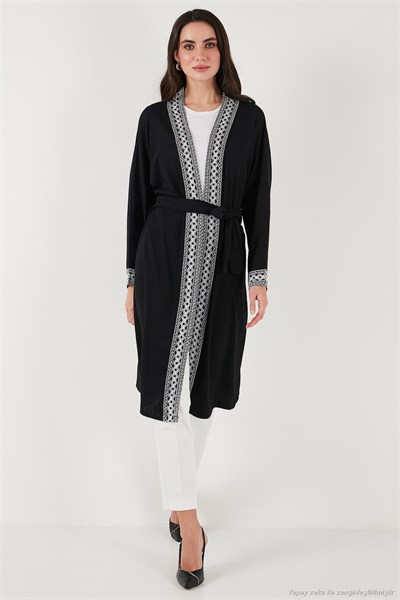 Modest Regular Fit Bağlamalı Nakışlı Tesettür Uzun Kimono Kadın Hırka 5866173 SİYAH