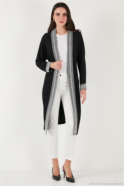 Modest Regular Fit Bağlamalı Nakışlı Tesettür Uzun Kimono Kadın Hırka 5866173 SİYAH