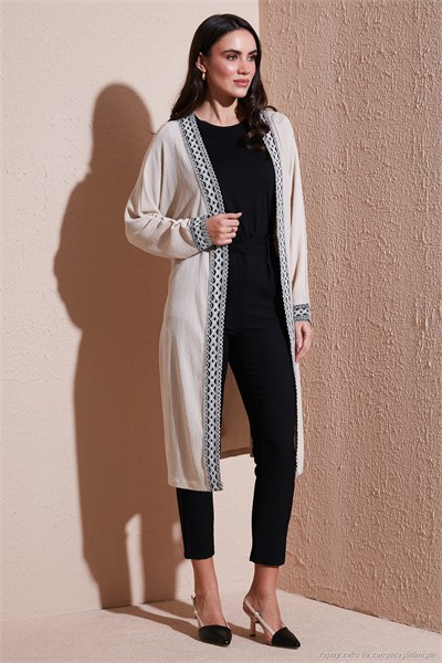 Modest Regular Fit Bağlamalı Nakışlı Tesettür Uzun Kimono Kadın Hırka 5866173 TAŞ