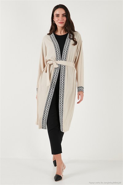Modest Regular Fit Bağlamalı Nakışlı Tesettür Uzun Kimono Kadın Hırka 5866173 TAŞ