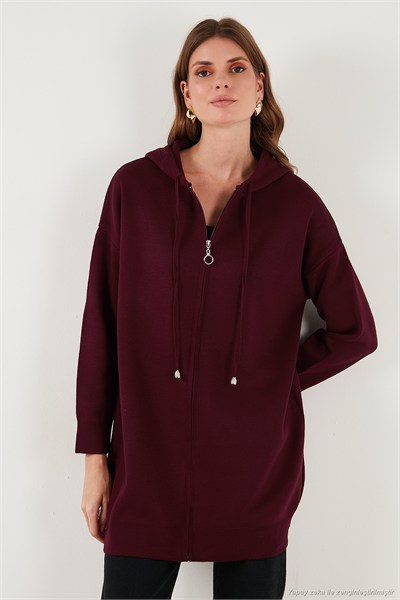 Modest Regular Fit Kapüşonlu Tesettür Triko Kadın Hırka 4616176 BORDO