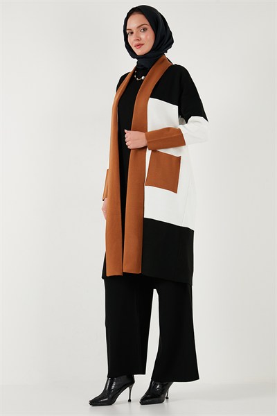 Modest Regular Fit Renk Bloklu Uzun Tesettür Triko Kadın Hırka 4616172 TOPRAK