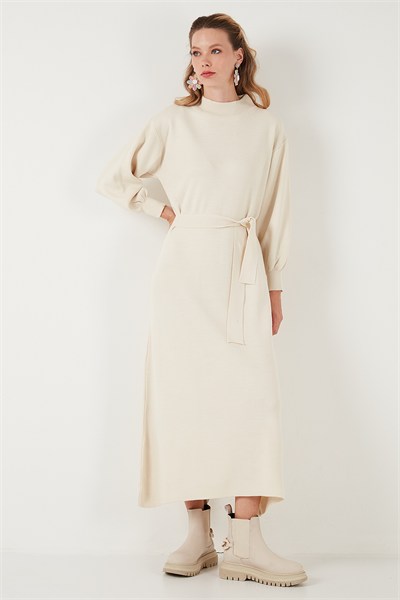 Modest Relaxed Fit Bisiklet Yaka Triko Kadın Elbise 4616198 KREM