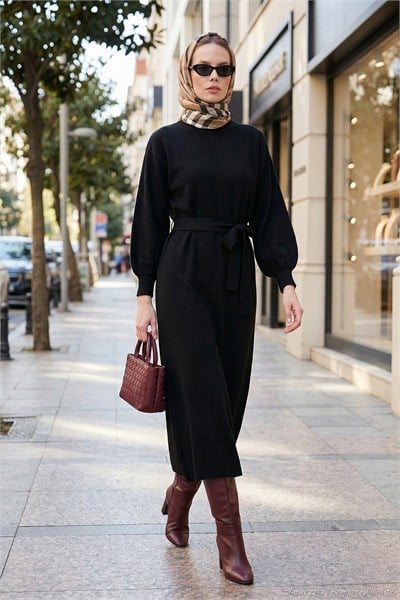 Modest Relaxed Fit Bisiklet Yaka Triko Kadın Elbise 4616198 SİYAH