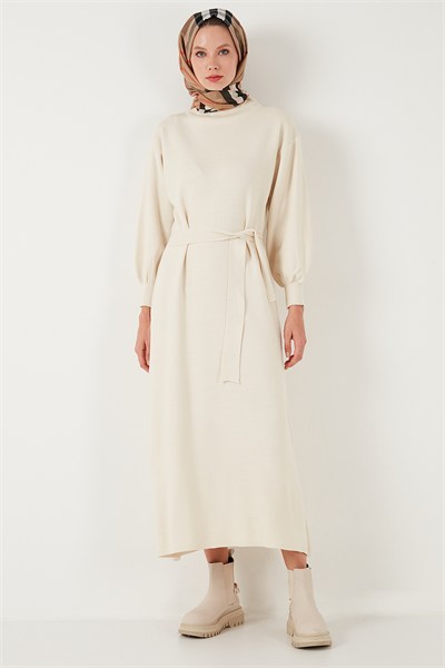 Modest Relaxed Fit Bisiklet Yaka Triko Kadın Elbise 4616198 KREM