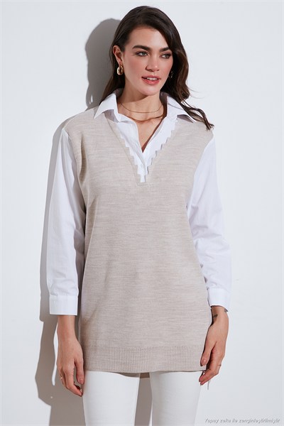 Modest Standart Fit Gömlek Yaka Tesettür Triko Kadın Tunik 4612148 BEJ