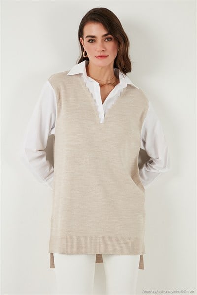Modest Standart Fit Gömlek Yaka Tesettür Triko Kadın Tunik 4612148 BEJ