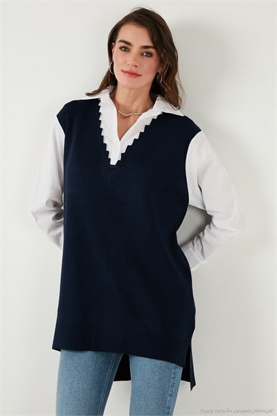 Modest Standart Fit Gömlek Yaka Tesettür Triko Kadın Tunik 4612148 LACİVERT