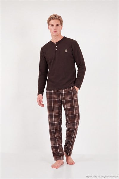 Nakış Detaylı Yumuşak Dokulu Düğmeli Hakim Yaka Polar Erkek Pijama Takımı 6097061 KAHVE