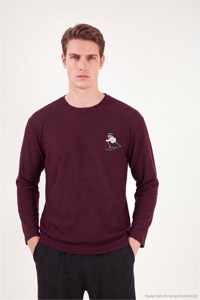 Nakışıklı Yumuşak Dokulu Bisiklet Yaka Erkek Pijama Takımı 6575010 BORDO