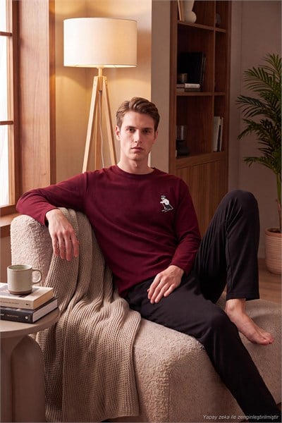 Nakışıklı Yumuşak Dokulu Bisiklet Yaka Erkek Pijama Takımı 6575010 BORDO