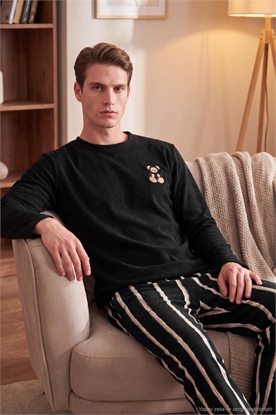 Nakışlı Çizgili Bisiklet Yaka Yumuşak Dokulu Polar Erkek Pijama Takımı 6097043 SİYAH