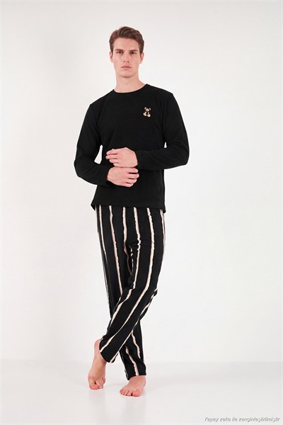 Nakışlı Çizgili Bisiklet Yaka Yumuşak Dokulu Polar Erkek Pijama Takımı 6097043 SİYAH