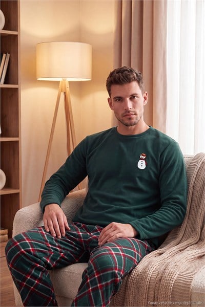 Nakışlı Ekoseli Yumuşak Dokulu Uzun Kollu Polar Erkek Pijama Takımı 6097059E NEFTİ