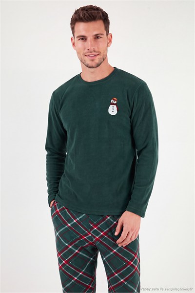 Nakışlı Ekoseli Yumuşak Dokulu Uzun Kollu Polar Erkek Pijama Takımı 6097059E NEFTİ