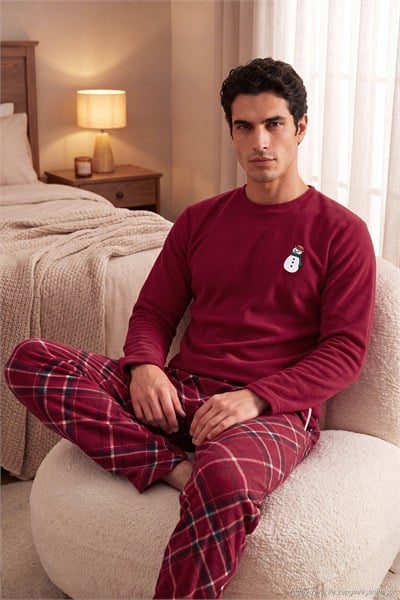 Nakışlı Ekoseli Yumuşak Dokulu Uzun Kollu Polar Erkek Pijama Takımı 6097059E BORDO