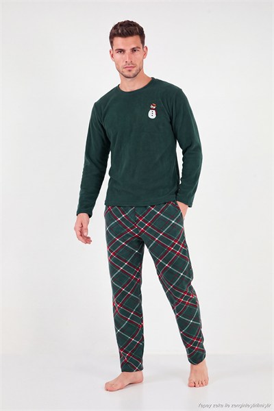 Nakışlı Ekoseli Yumuşak Dokulu Uzun Kollu Polar Erkek Pijama Takımı 6097059E NEFTİ