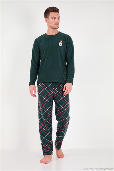Nakışlı Ekoseli Yumuşak Dokulu Uzun Kollu Polar Erkek Pijama Takımı 6097059E NEFTİ