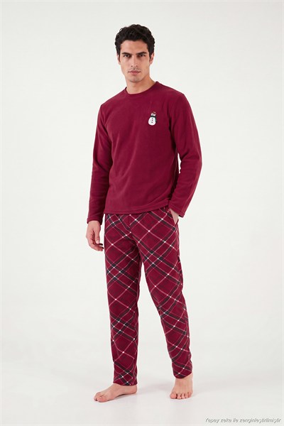 Nakışlı Ekoseli Yumuşak Dokulu Uzun Kollu Polar Erkek Pijama Takımı 6097059E BORDO