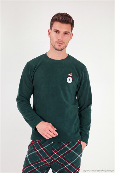 Nakışlı Ekoseli Yumuşak Dokulu Uzun Kollu Polar Erkek Pijama Takımı 6097059E NEFTİ