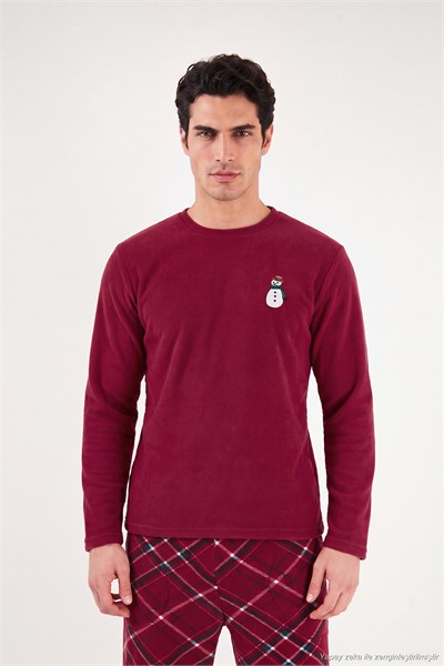 Nakışlı Ekoseli Yumuşak Dokulu Uzun Kollu Polar Erkek Pijama Takımı 6097059E BORDO