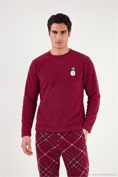 Nakışlı Ekoseli Yumuşak Dokulu Uzun Kollu Polar Erkek Pijama Takımı 6097059E BORDO