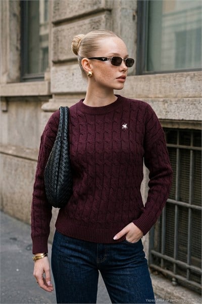 Nakışlı Saç Örgü Bisiklet Yaka Triko Kadın Kazak 680KZ00168 BORDO