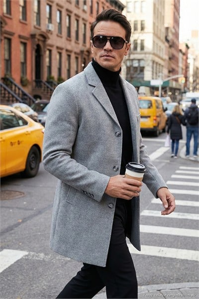 Normal Kalıp Tek Yırtmaçlı Düğmeli Mono Yaka Kaşe Erkek Kaban 5840098 GRİ