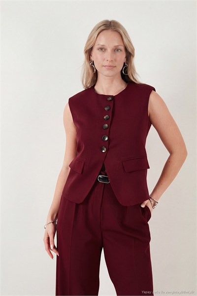 Ön Yırtmaç Detaylı Fitted Fit Bisiklet Yaka Düğmeli Kadın Yelek 6521194 BORDO