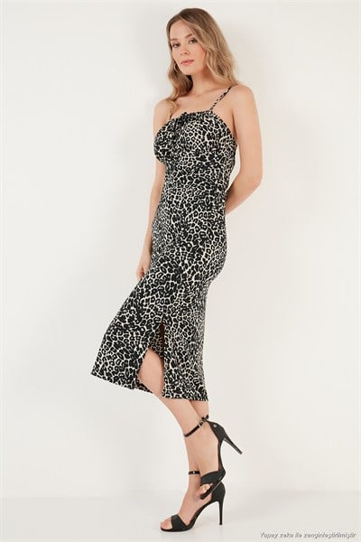Önü Büzgülü İp Askılı Yırtmaçlı Fitted Midi Kadın Elbise 5865362 LEOPAR