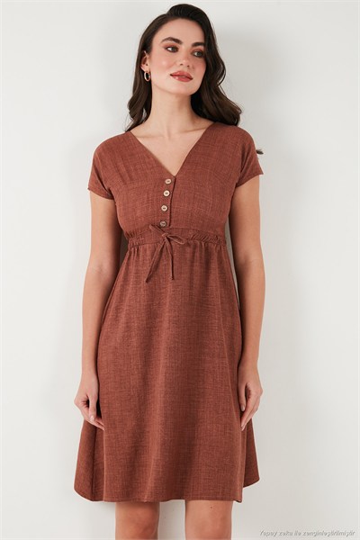 Önü Düğmeli V Yaka Regular Fit Kısa Kollu Midi Kadın Elbise 5865747 KAHVE