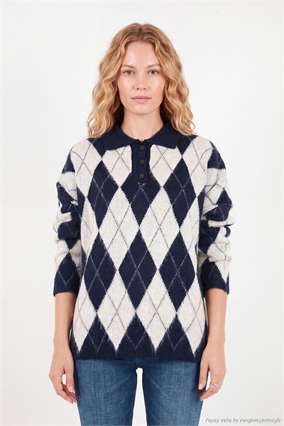 Oversize Baklava Desenli Düğmeli Kadın Polo Yaka Kazak 4615593 LACİVERT-TAŞ
