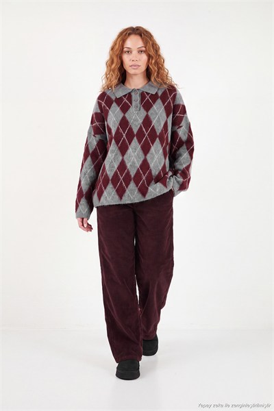 Oversize Baklava Desenli Düğmeli Kadın Polo Yaka Kazak 4615593 ANTRASİT-BORDO