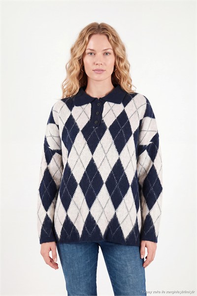 Oversize Baklava Desenli Düğmeli Kadın Polo Yaka Kazak 4615593 LACİVERT-TAŞ