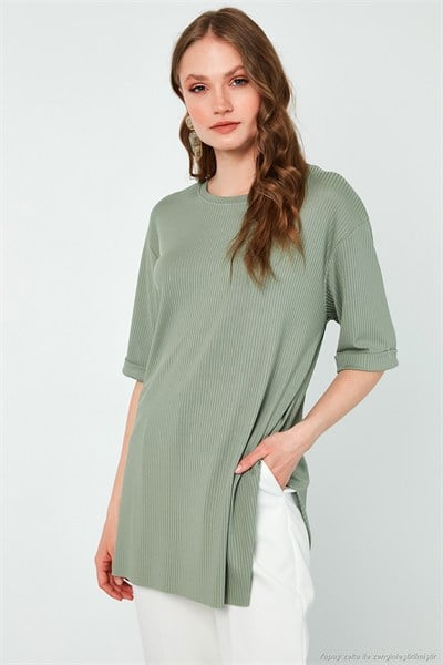 Oversize Bisiklet Yaka Yırtmaç Detaylı Kadın Bluz 5869000 ÇAĞLA