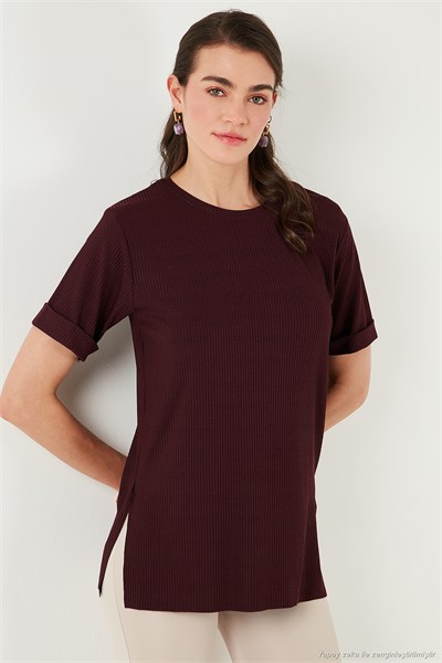 Oversize Bisiklet Yaka Yırtmaç Detaylı Kadın Bluz 5869000 VİŞNE
