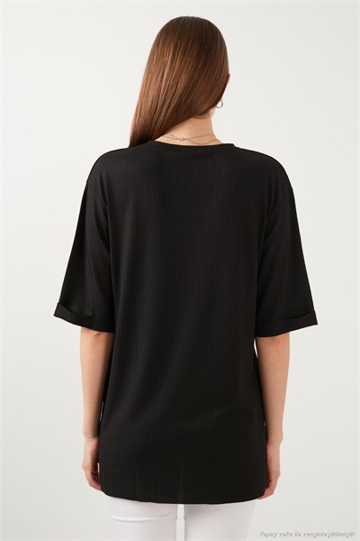 Oversize Bisiklet Yaka Yırtmaç Detaylı Kadın Bluz 5869000 SİYAH