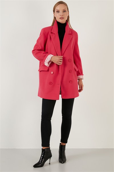 Oversize Çift Düğmeli Cepli Uzun Kadın Kaban 6230058 FUŞYA