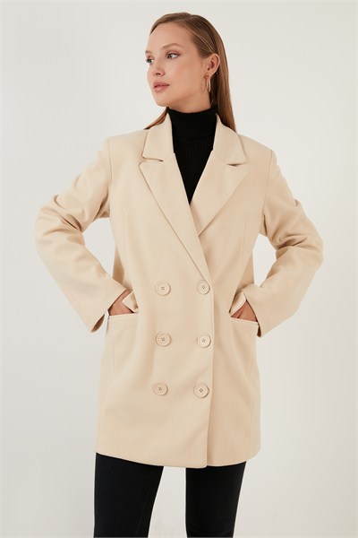Oversize Çift Düğmeli Cepli Uzun Kadın Kaban 6230058 TAŞ